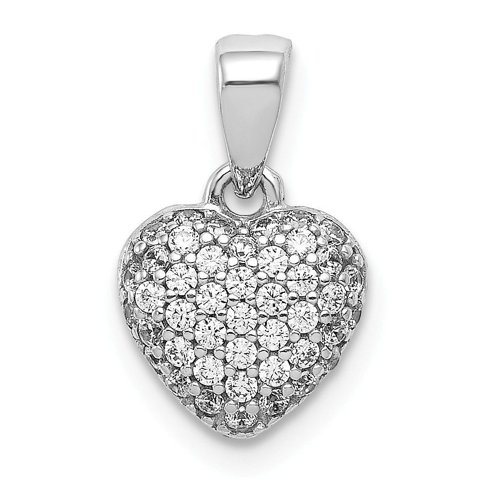 14k White Gold Polished Pave Cubic Zirconia Heart Pendant, 9mm