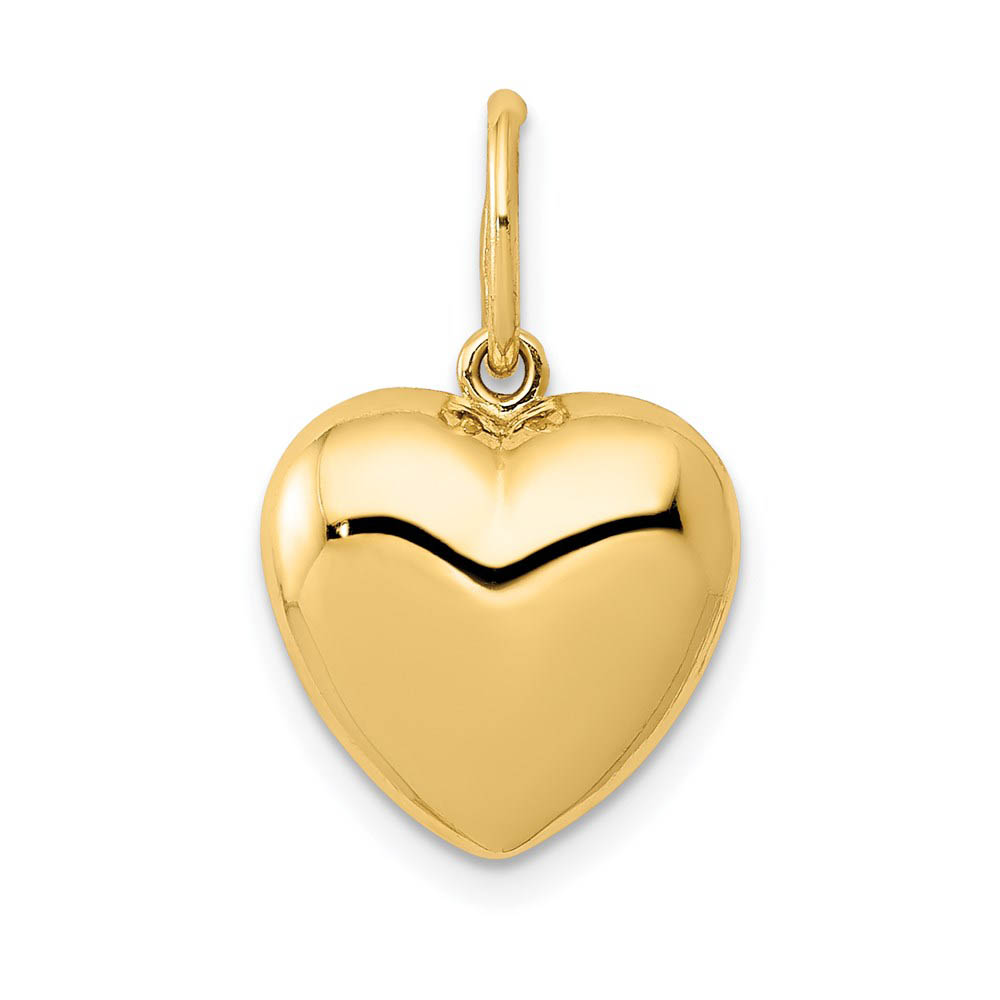 14k Yellow Gold Three Dimensional Puffed Heart Charm or Pendant, 14mm