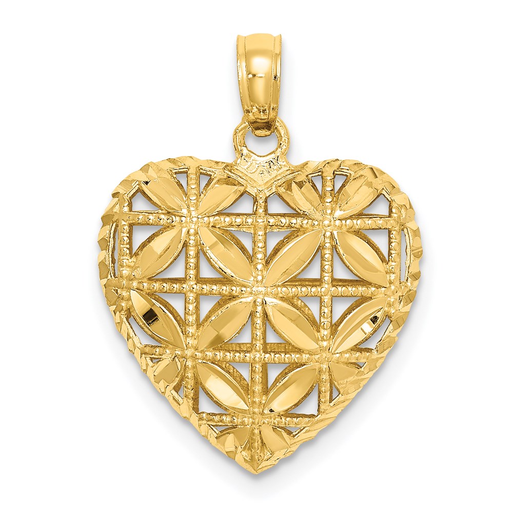 14k Yellow Gold Diamond Cut Open Puffed Heart Pendant, 16mm