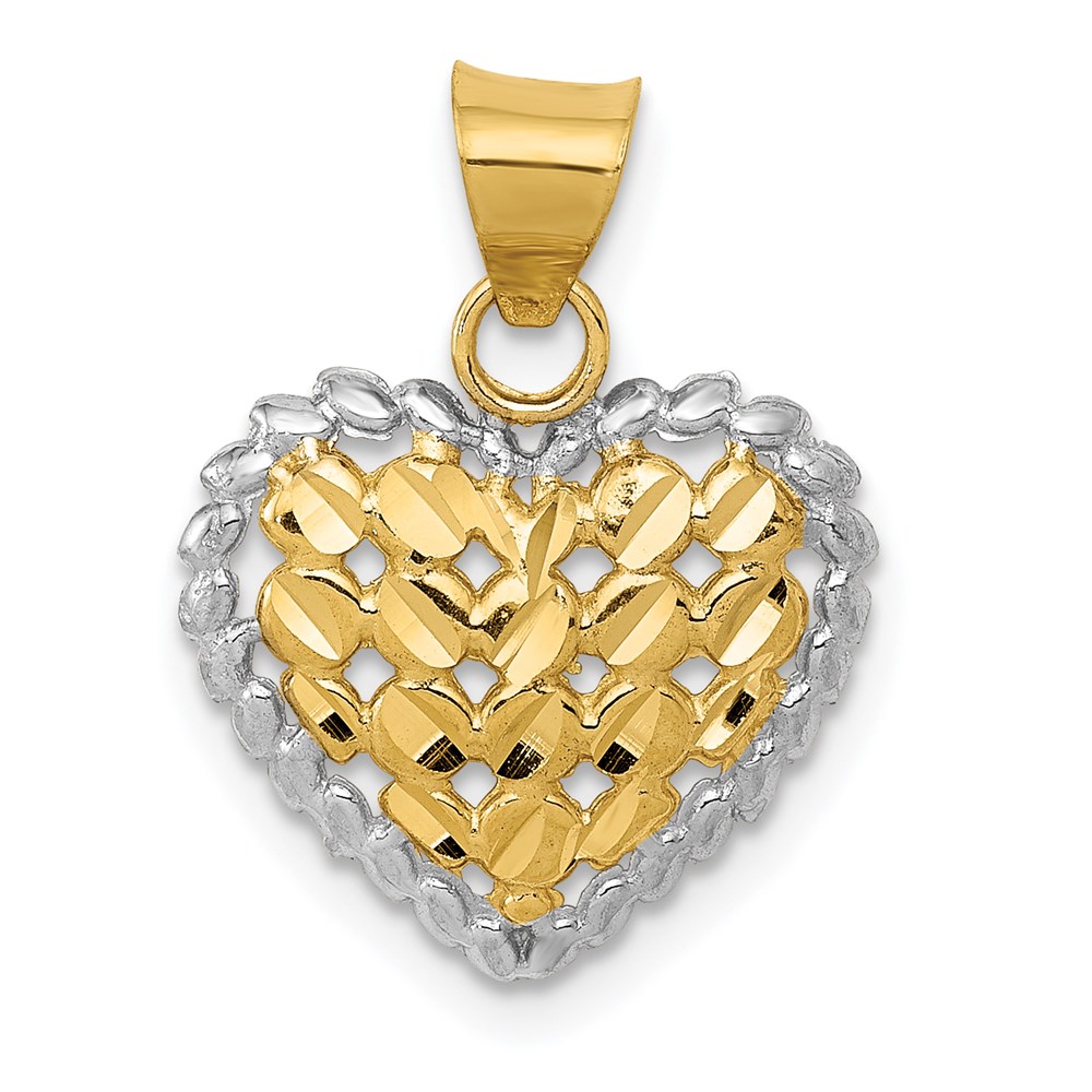 14k Yellow Gold and Rhodium Diamond Cut Heart Pendant, 14mm