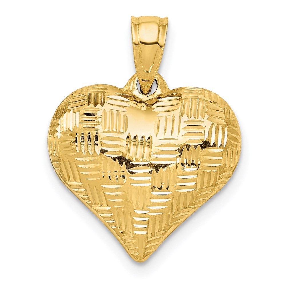 14k Yellow Gold Textured Puff Heart Pendant, 16mm