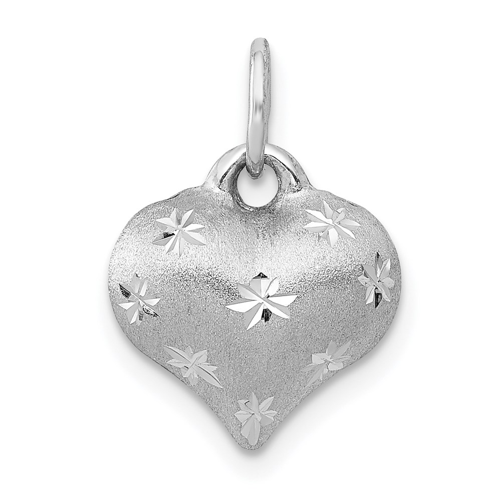 14k White Gold Satin and Diamond Cut Puffed Heart Charm Pendant, 11mm