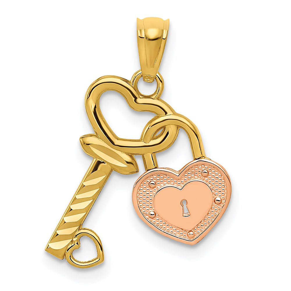 14k Two Tone Gold Heart Lock and Key Pendant, 15mm