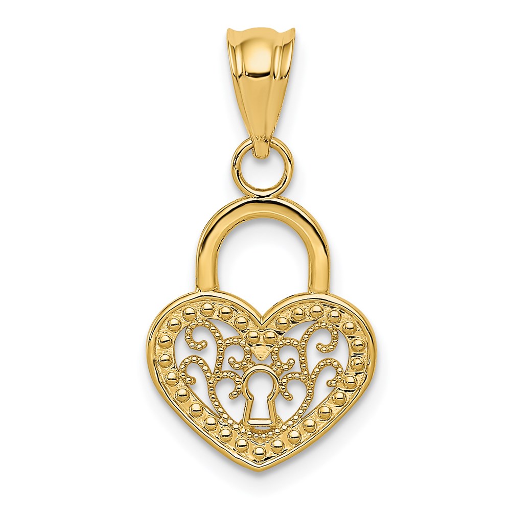 14k Yellow Gold Filigree Heart Key Hole Lock Pendant, 12mm