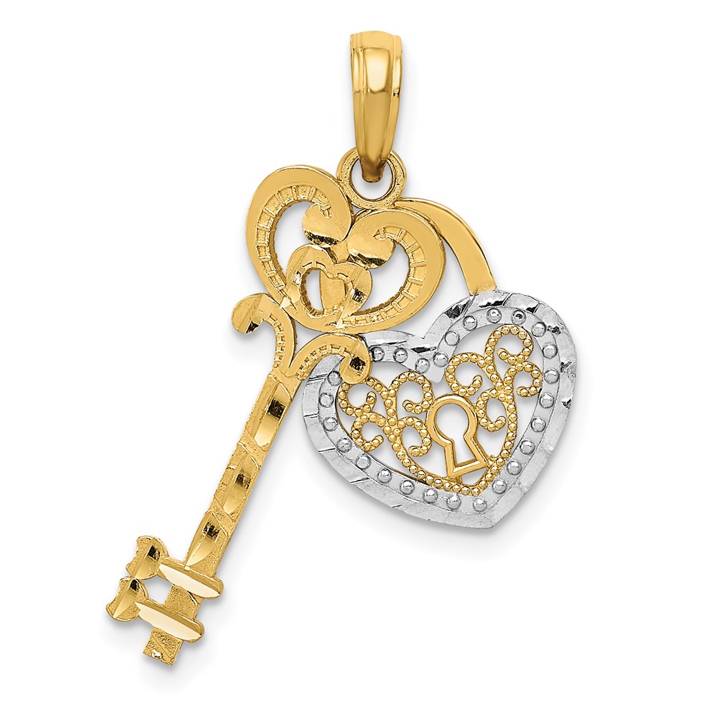 14k Yellow Gold & White Rhodium Key and Heart Lock Pendant, 12mm