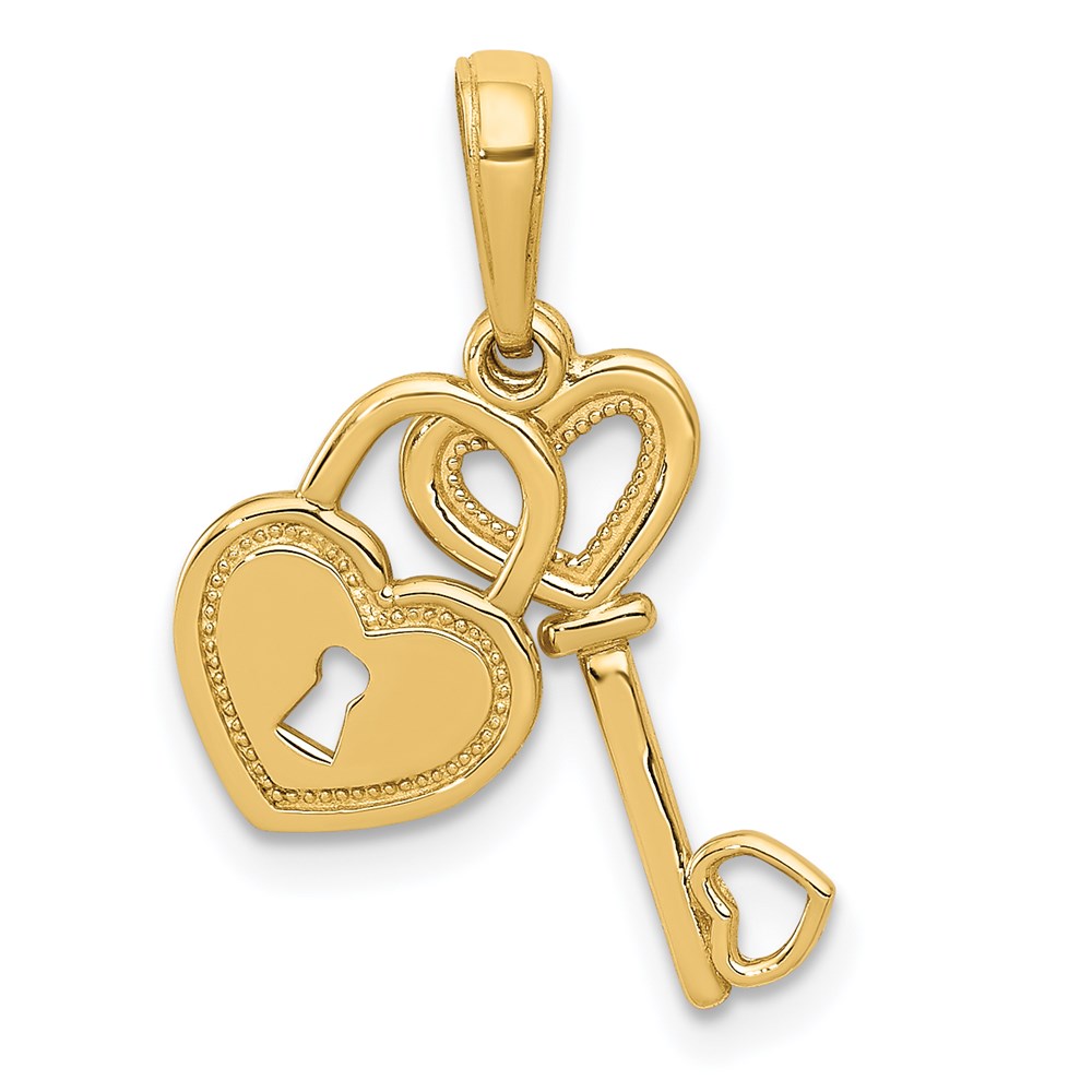 14k Yellow Gold Key and Heart Shaped Lock Pendant, 8mm