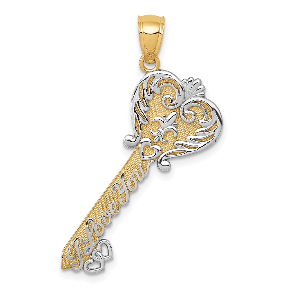 14k Yellow Gold & White Rhodium Plated I love You Key Pendant, 13mm