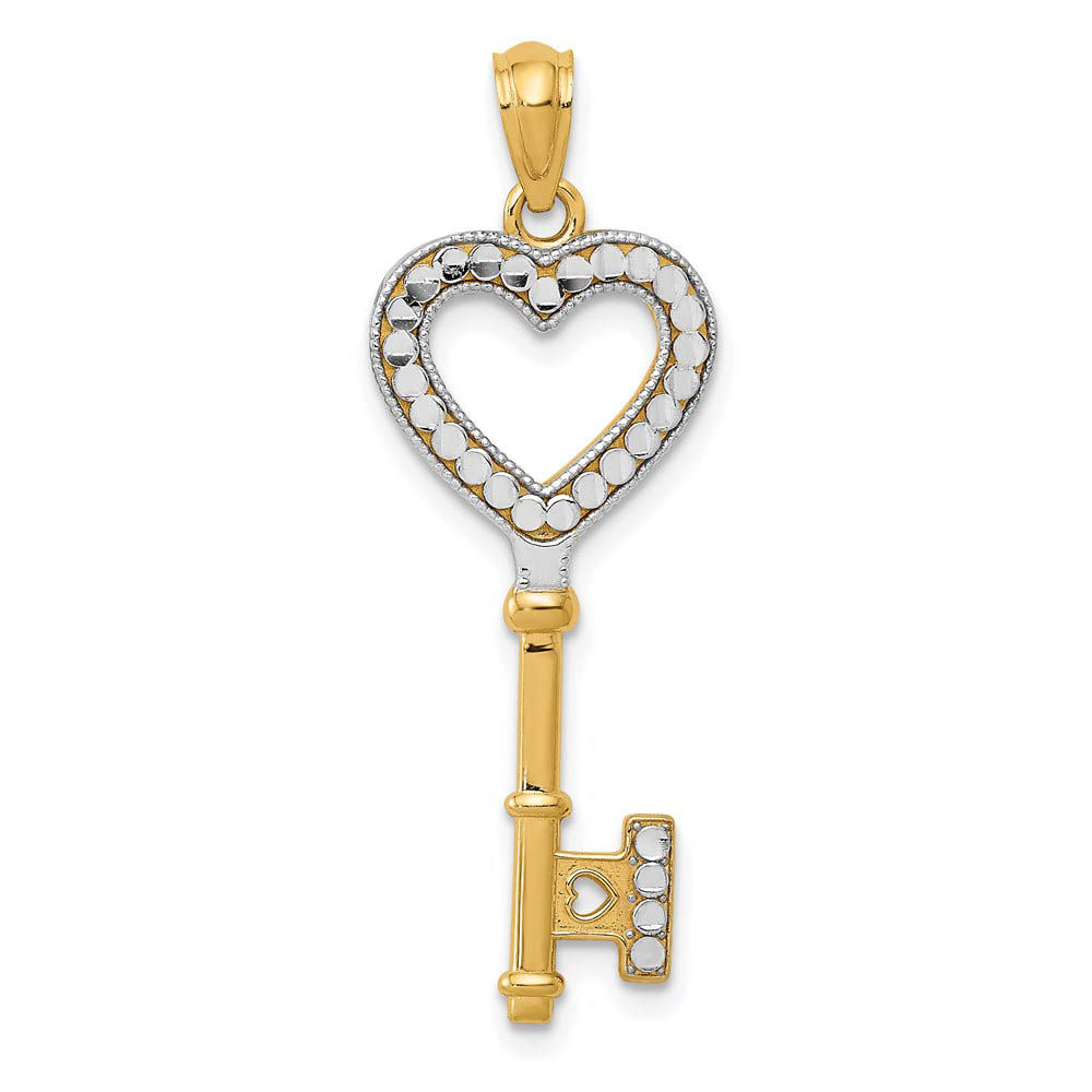 14k Yellow Gold and White Rhodium Heart Key Pendant, 12mm