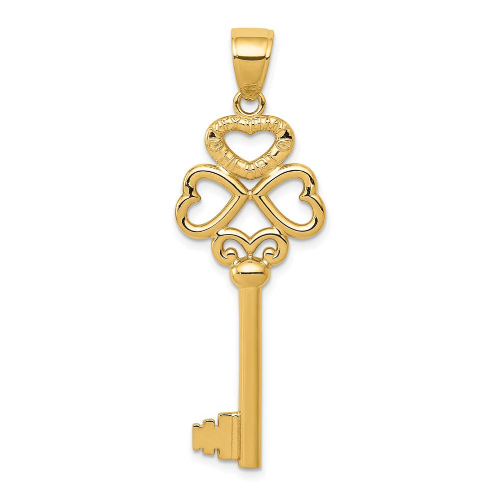 14k Yellow Gold Triple Heart with Key to My Heart Pendant, 15mm