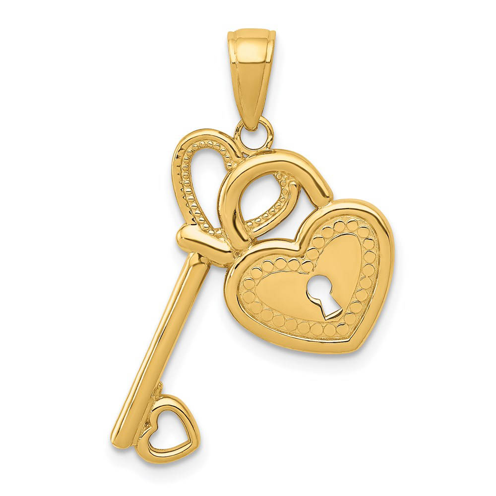 14k Yellow Gold Heart Key and Lock Pendant, 17mm