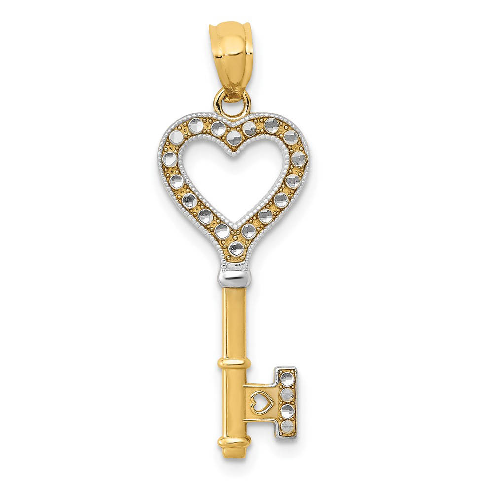 14k Yellow Gold and White Rhodium Heart Key Pendant, 10mm