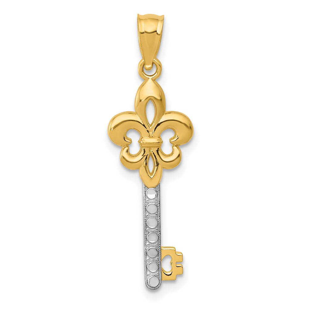 14k Yellow Gold and White Rhodium Plated Fleur De Lis Key Pendant, 8mm