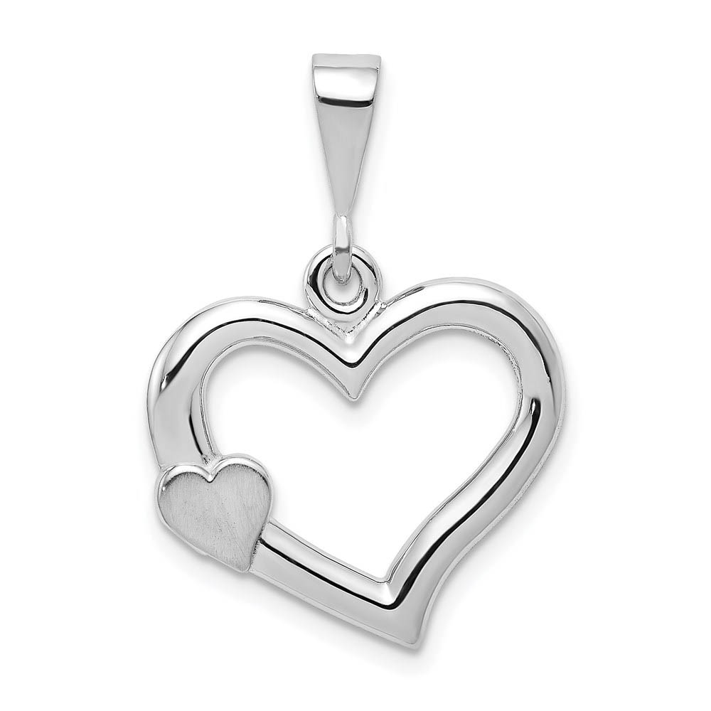 14k White Gold Satin Heart on Heart Pendant, 19mm