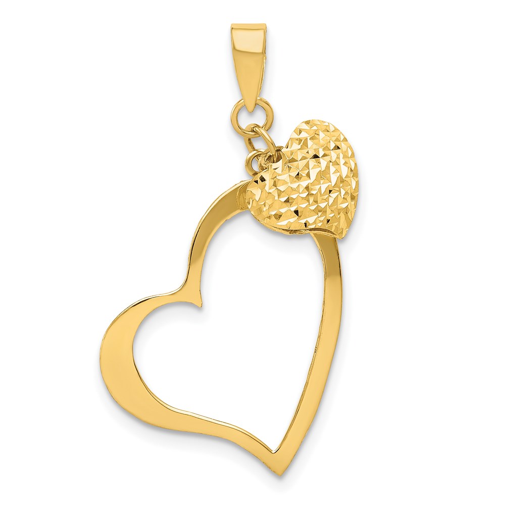 14k Yellow Gold Open Heart and Puffed Heart Pendant, 17mm