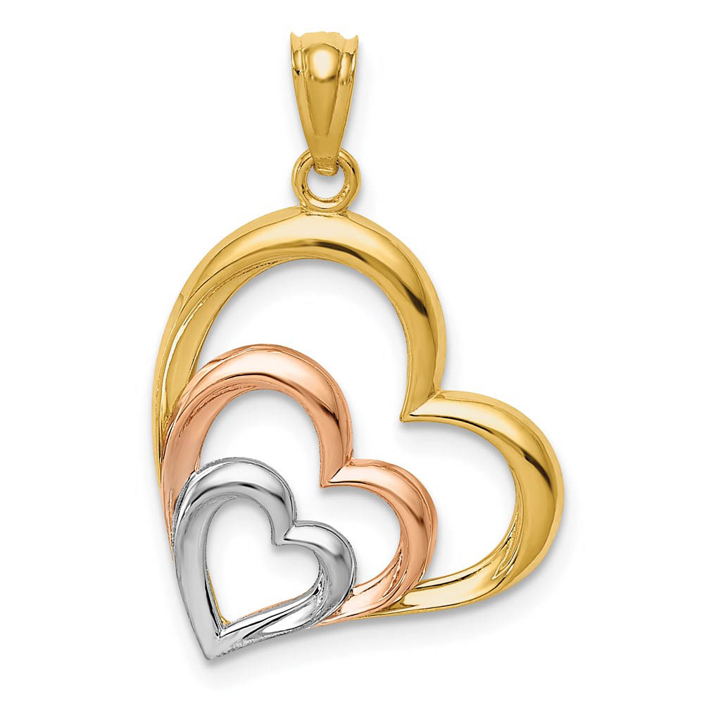 14k Two Tone Gold & White Rhodium Plated Layered Hearts Pendant, 17mm