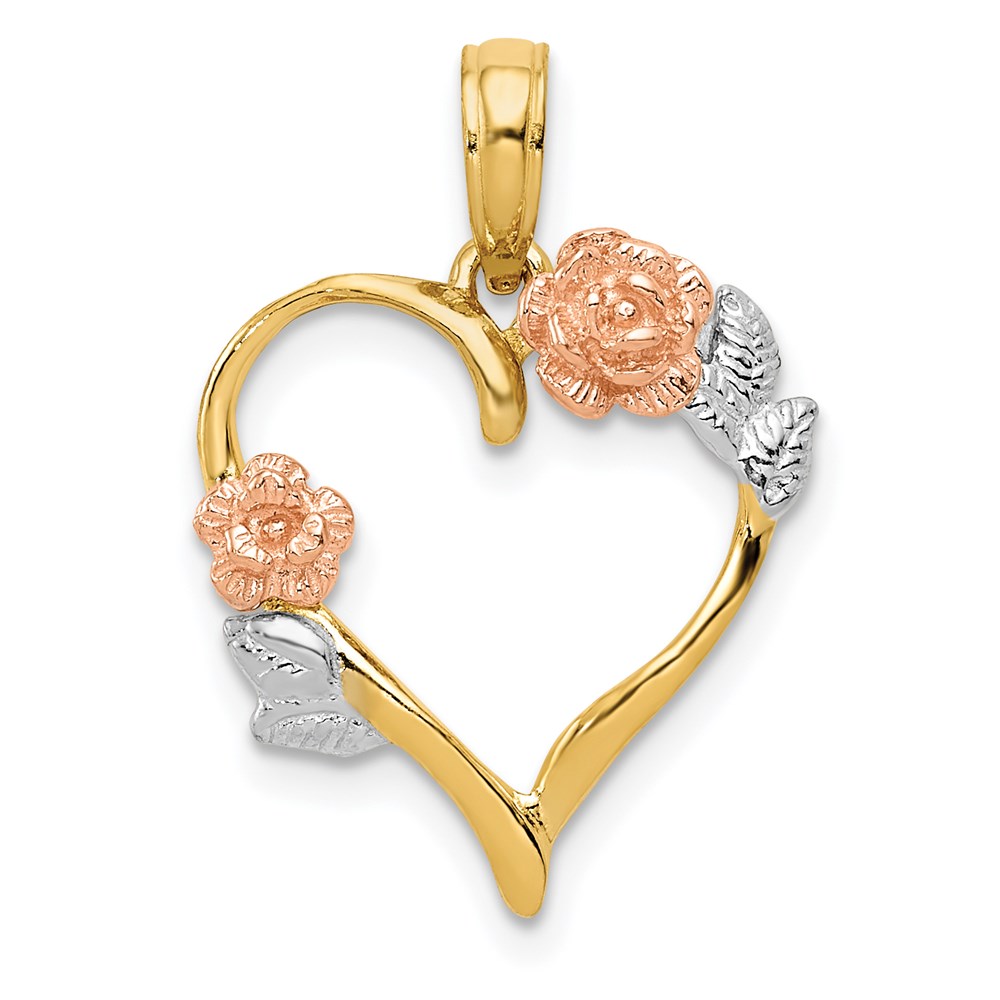 14k Yellow & Rose Gold with White Rhodium Flower Heart Pendant, 16mm