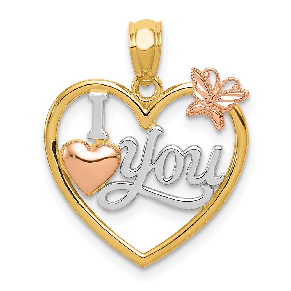 14k Yellow & Rose Gold, White Rhodium I Love You Heart Pendant, 17mm
