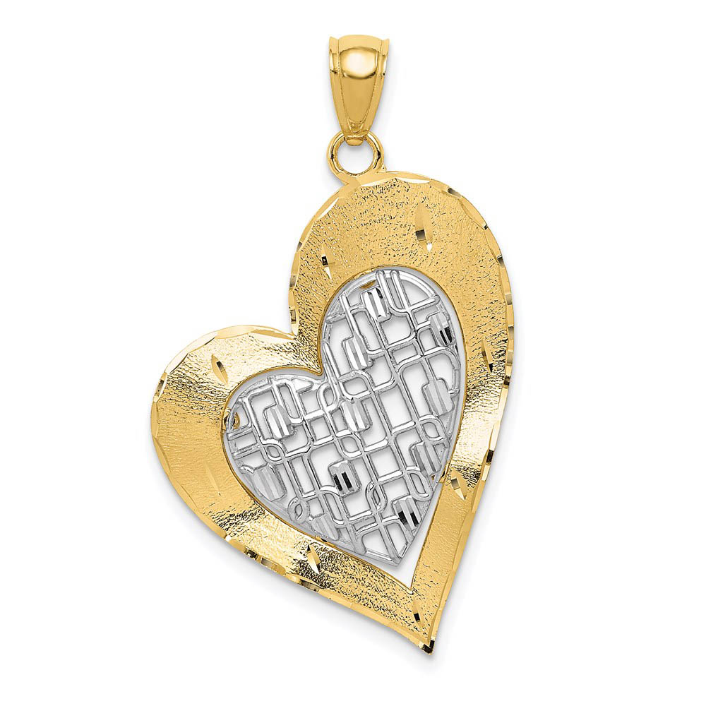 14k Two Tone Gold Satin and Diamond Cut Fancy Heart Pendant, 22mm