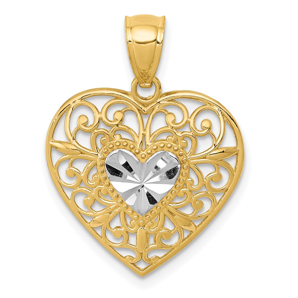 14k Yellow Gold and White Rhodium Filigree Heart Pendant, 17mm