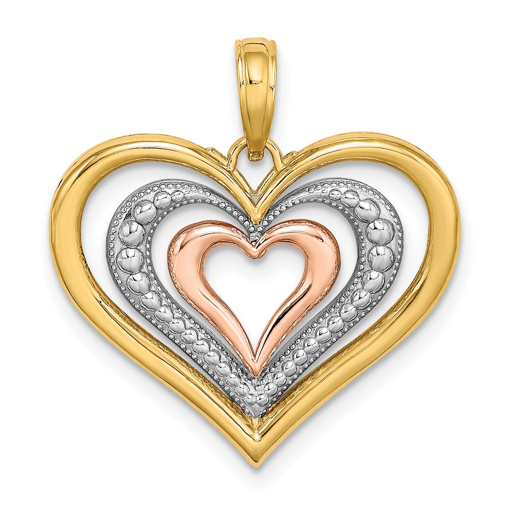 14k Yellow Gold and Rose Gold with Rhodium Triple Heart Pendant, 21mm