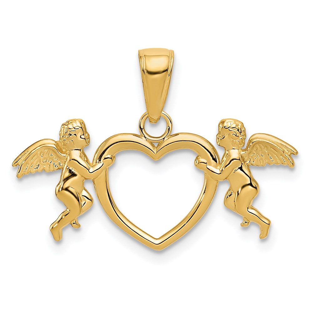 14k Yellow Gold Flying Cherubs Holding-Heart Pendant, 28mm