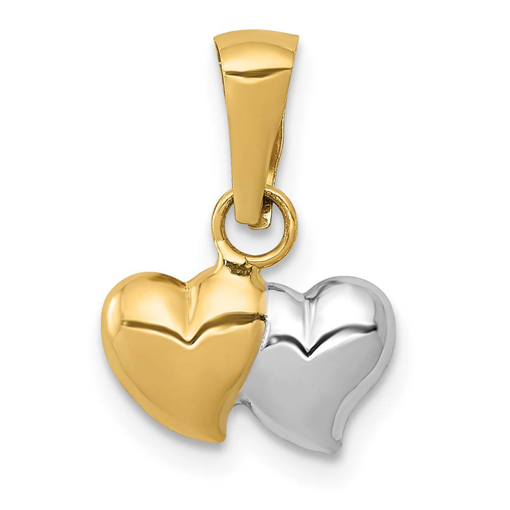 14k Yellow Gold with White Rhodium Hollow Two Heart Pendant, 10mm