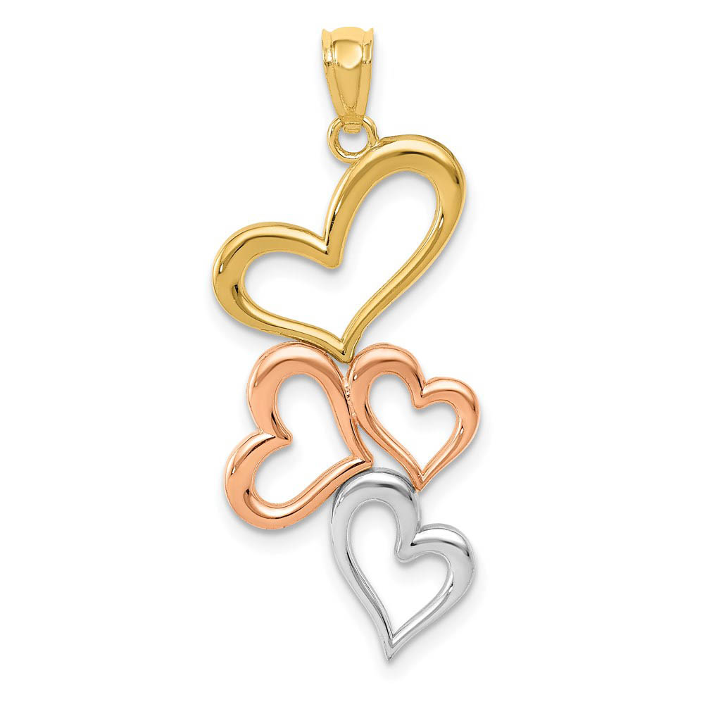 14k Yellow Gold, Rose & White Rhodium Plated Multi Heart Pendant, 15mm