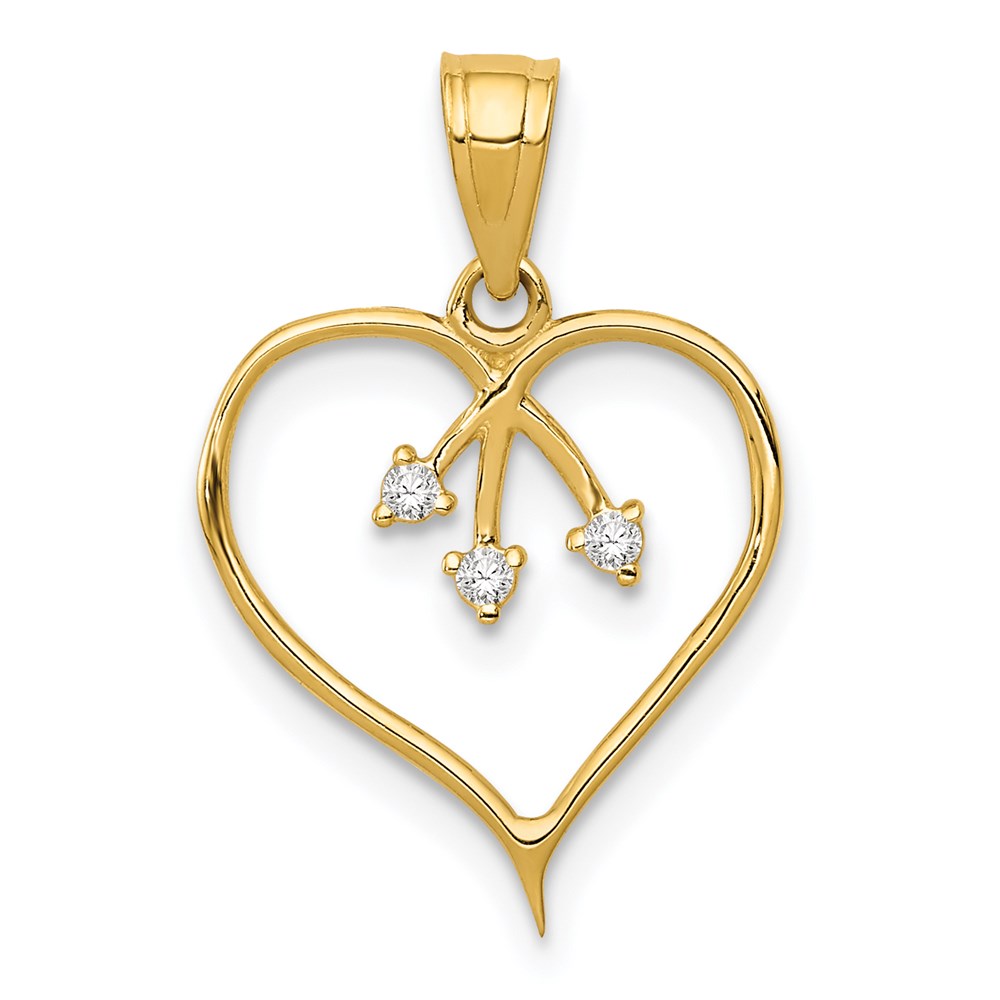 14k Yellow Gold & CZ Three Stone Heart Pendant, 13mm