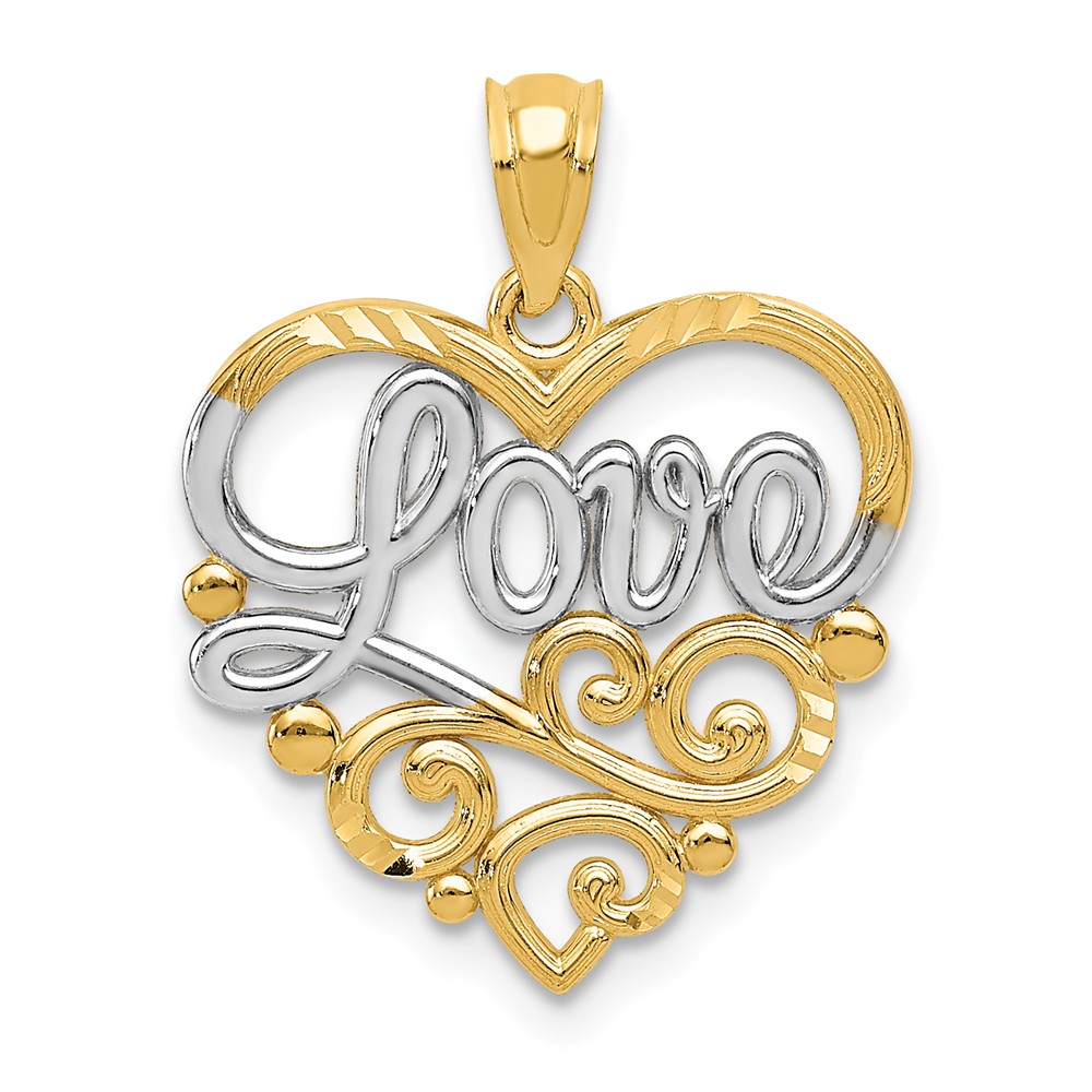 14k Yellow Gold Scroll Love Pendant, 17mm