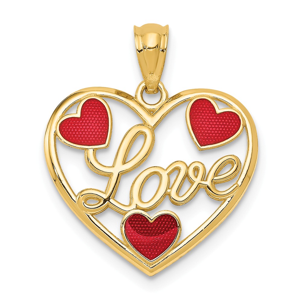 14k Yellow Gold Enameled Hearts Pendant, 17mm