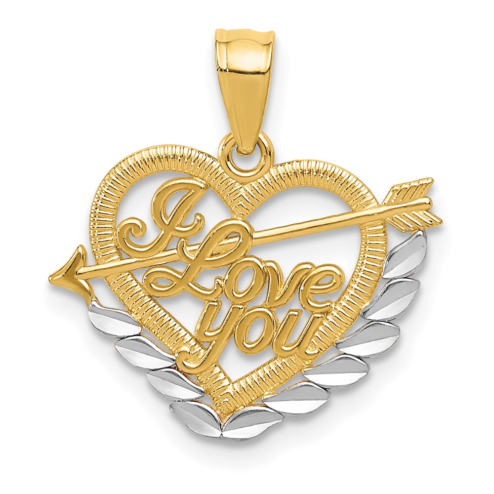 14k Yellow Gold and White Rhodium I Love You Heart Pendant, 17mm