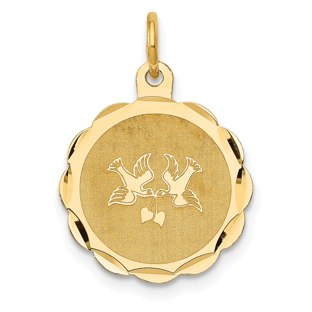 14k Yellow Gold Love Birds Disc Charm or Pendant, 16mm