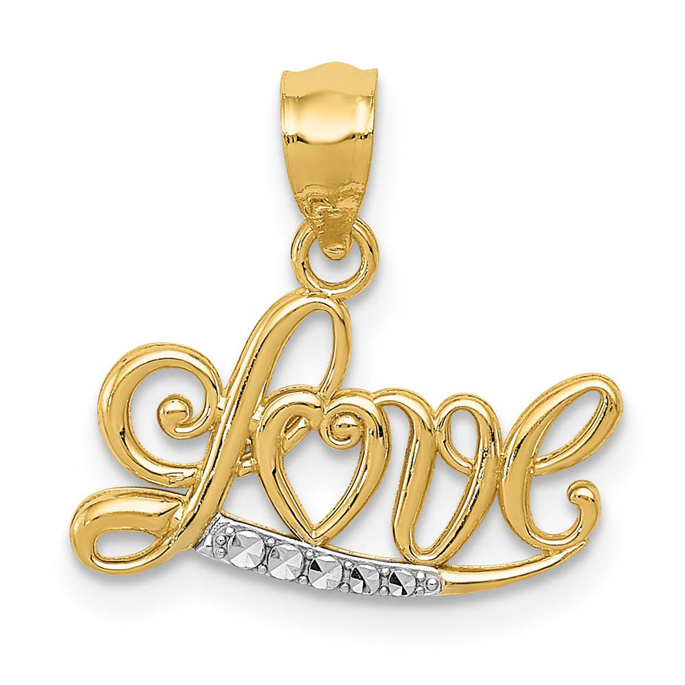 14k Yellow Gold and White Rhodium Love Script Pendant, 16mm