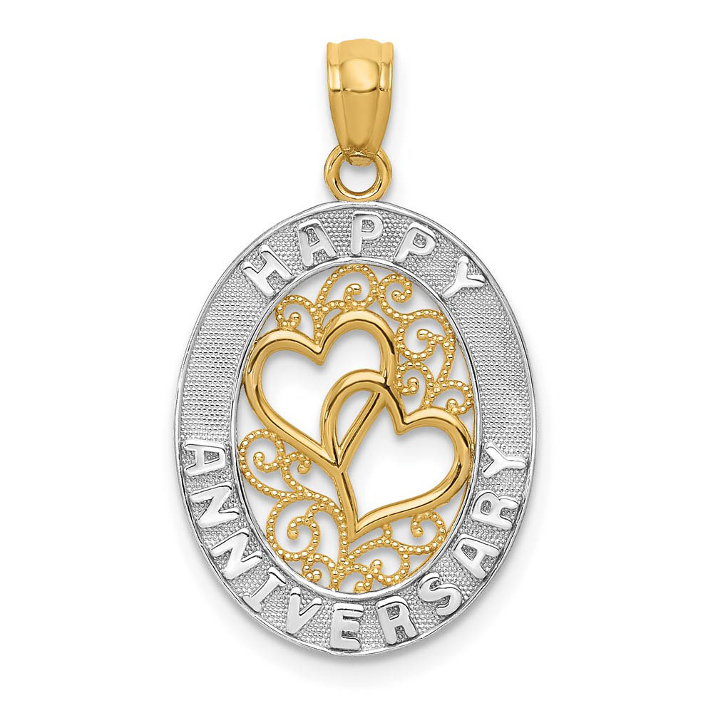 14k Yellow Gold and White Rhodium Oval Happy Anniversary Pendant, 15mm