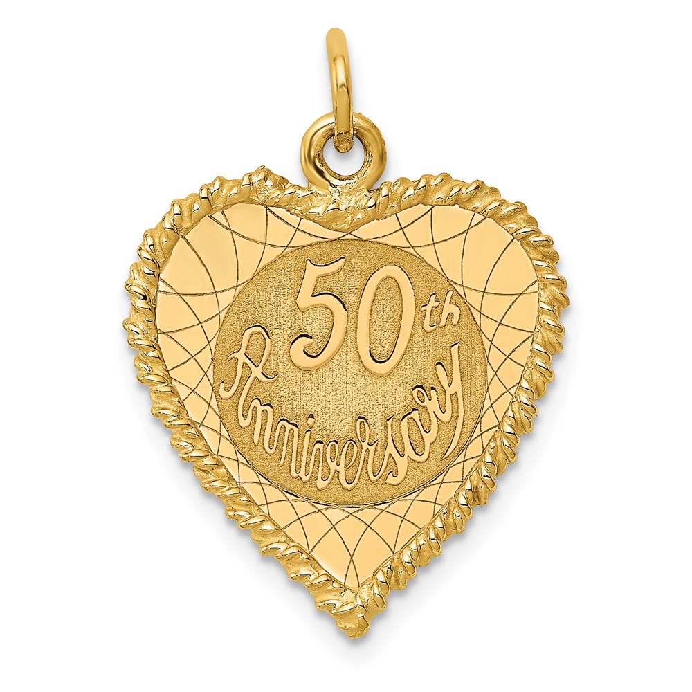 14k Yellow Gold 50th Anniversary Rope Heart Charm or Pendant, 18mm