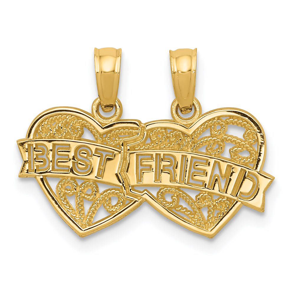 14k Yellow Gold Best Friend Double Hearts Set of 2 Pendants, 19mm