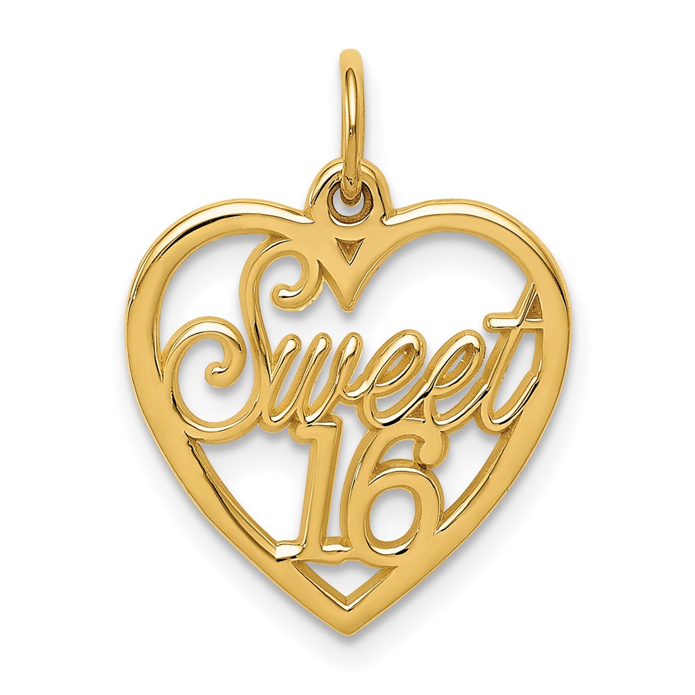 14k Yellow Gold Sweet 16 Heart Charm or Pendant, 16mm