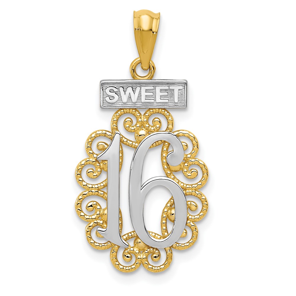 14k Yellow Gold and White Rhodium Filigree Sweet 16 Pendant, 13 x 27mm