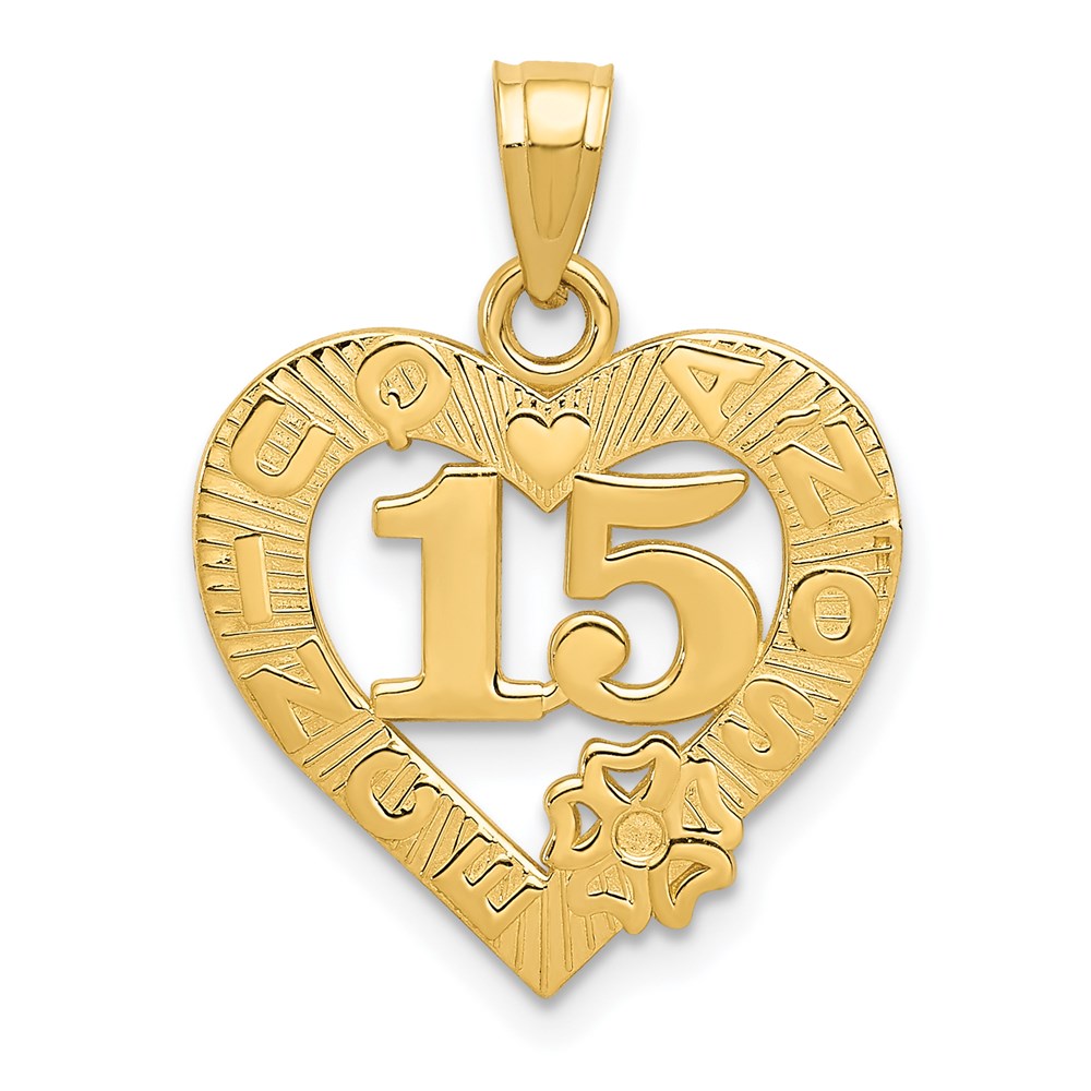 14k Yellow Gold 15 Inside Quince Anos Heart Frame Pendant, 16mm