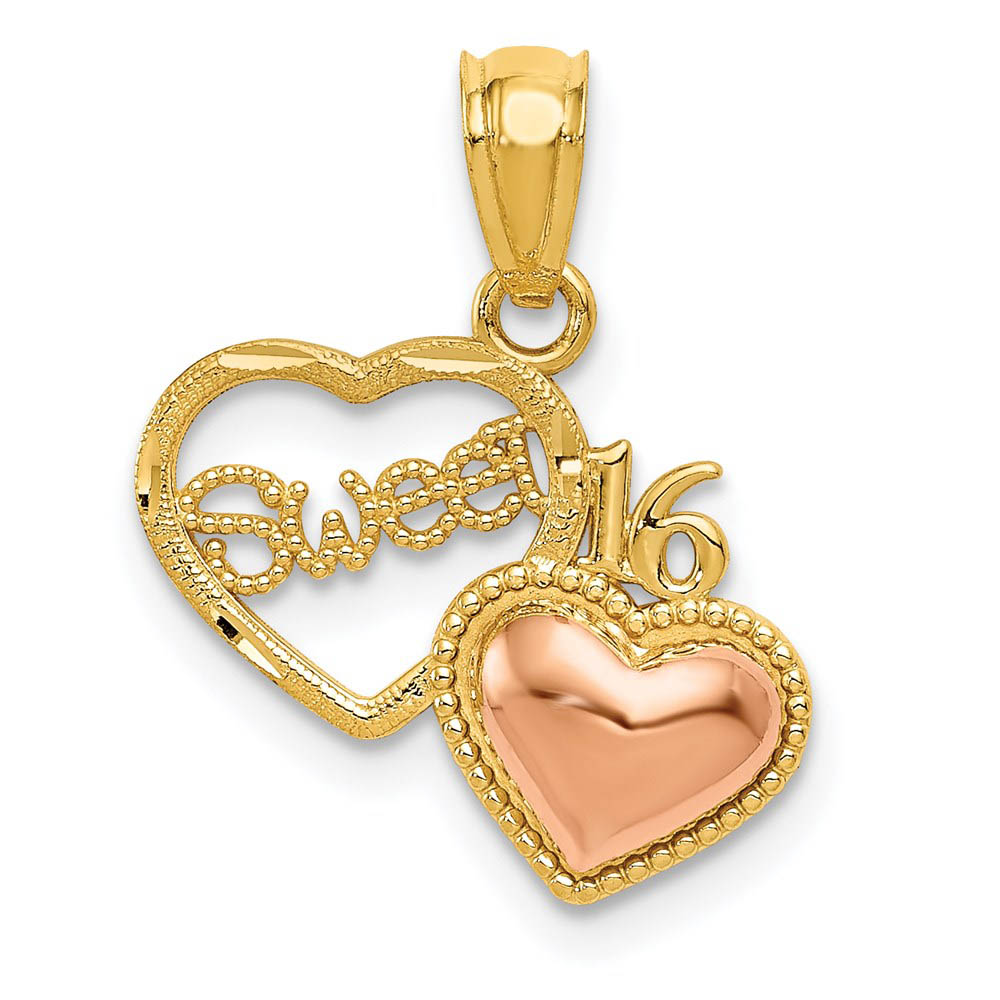14k Yellow & Rose Gold Sweet 16 Double Heart Pendant, 15mm