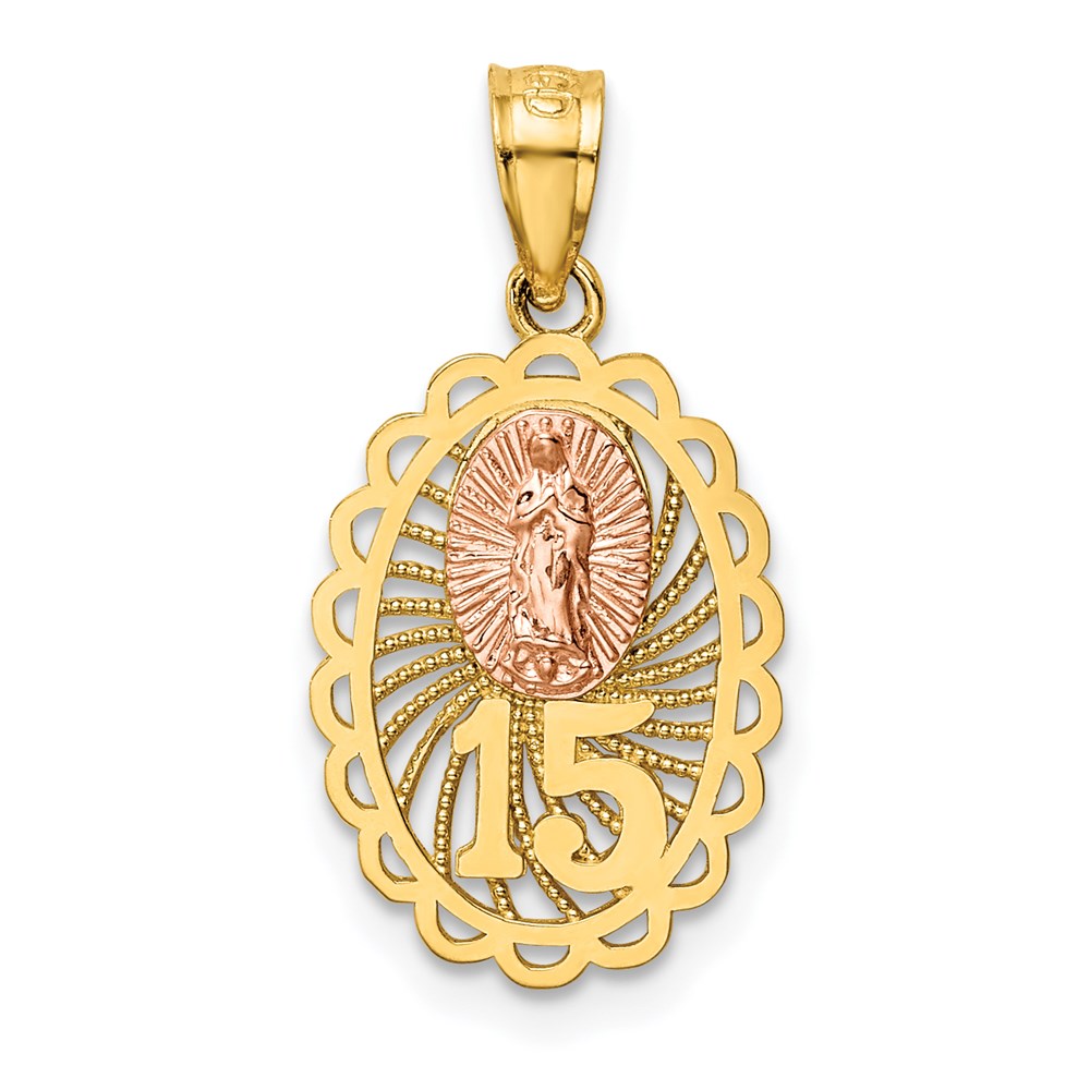 14k Two Tone Gold Sweet 15 Our Lady of Guadalupe Pendant, 10 x 23mm