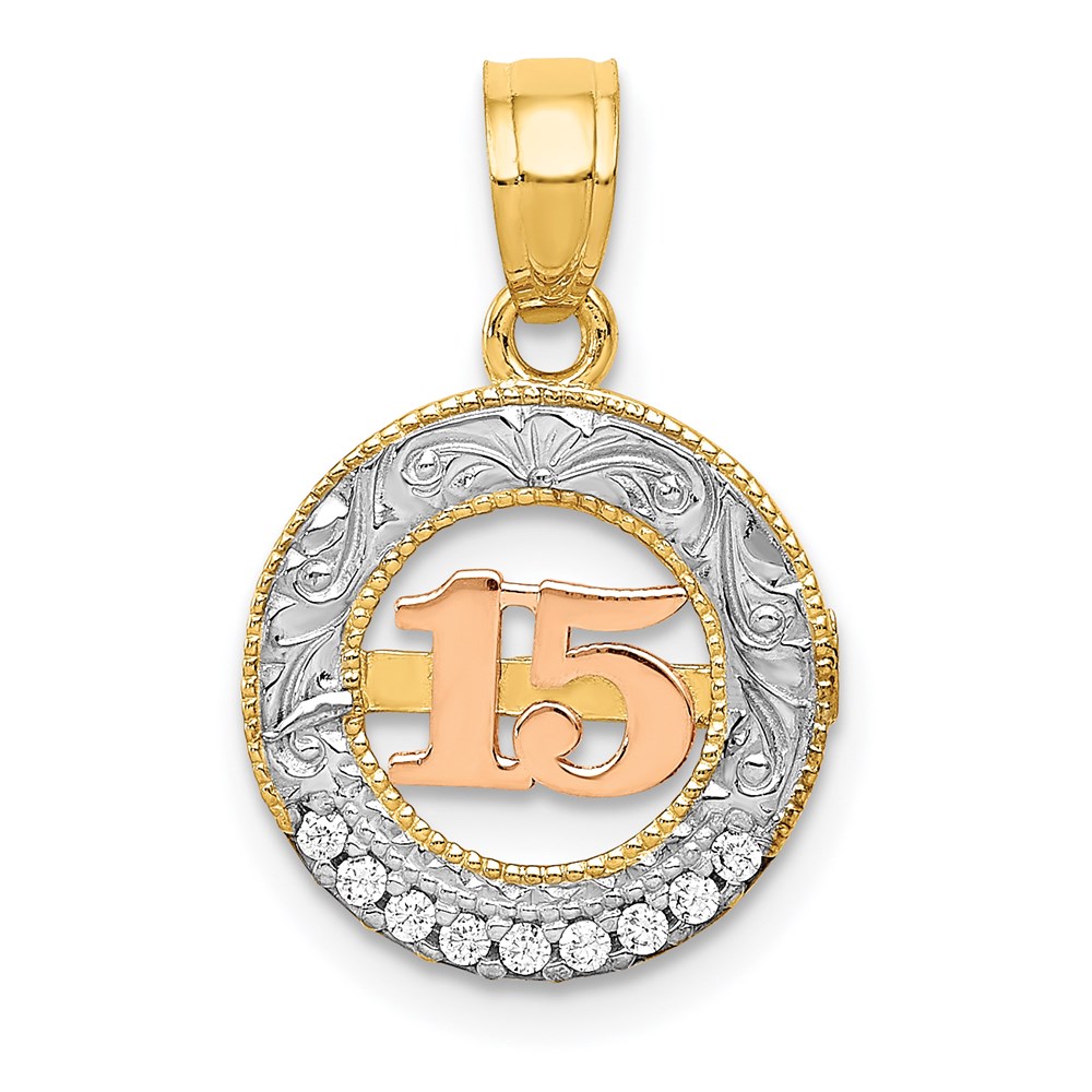 14k Two Tone Gold, White Rhodium & CZ Number 15 Circle Pendant, 12mm