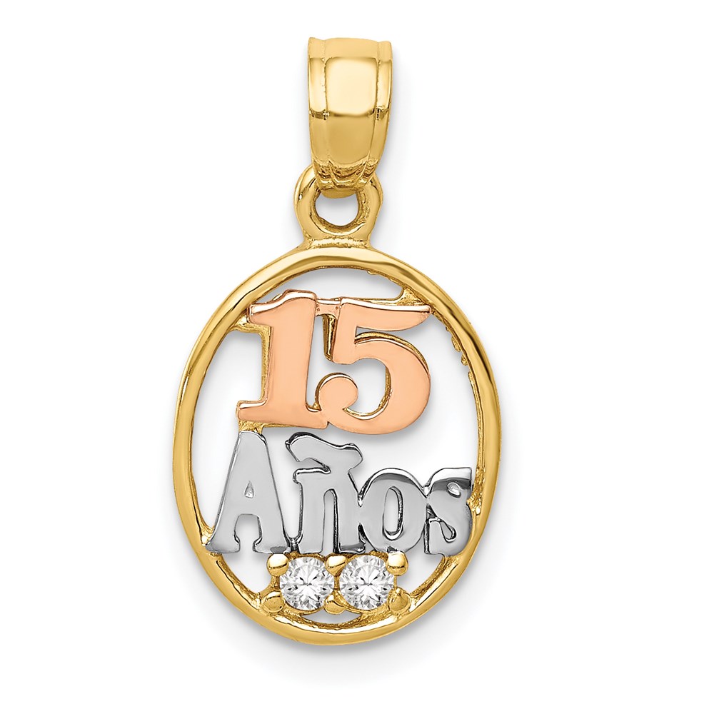 14k Two Tone Gold, White Rhodium & CZ Number 15 Anos Pendant, 11mm