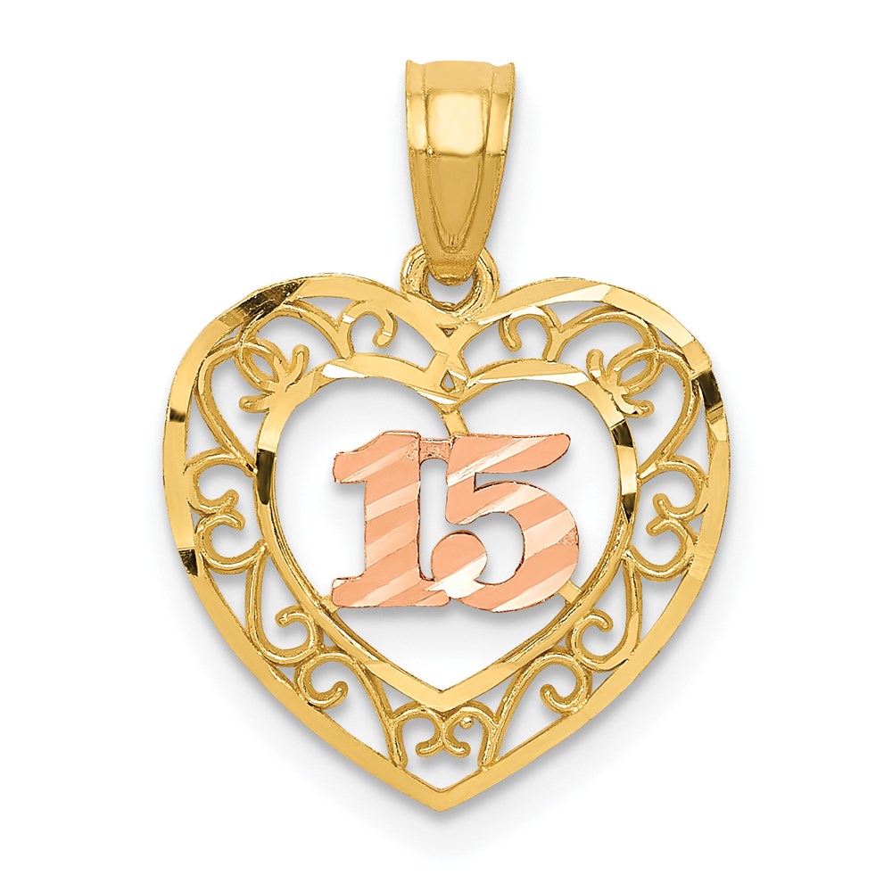 14k Two Tone Gold Diamond Cut 15 Heart Pendant, 14mm