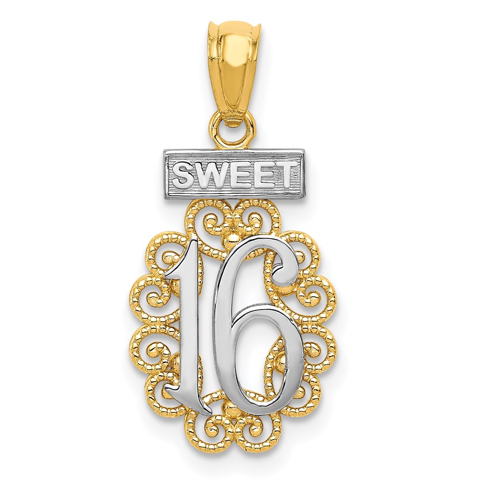 14k Yellow Gold and White Rhodium Filigree Sweet 16 Pendant, 11 x 23mm