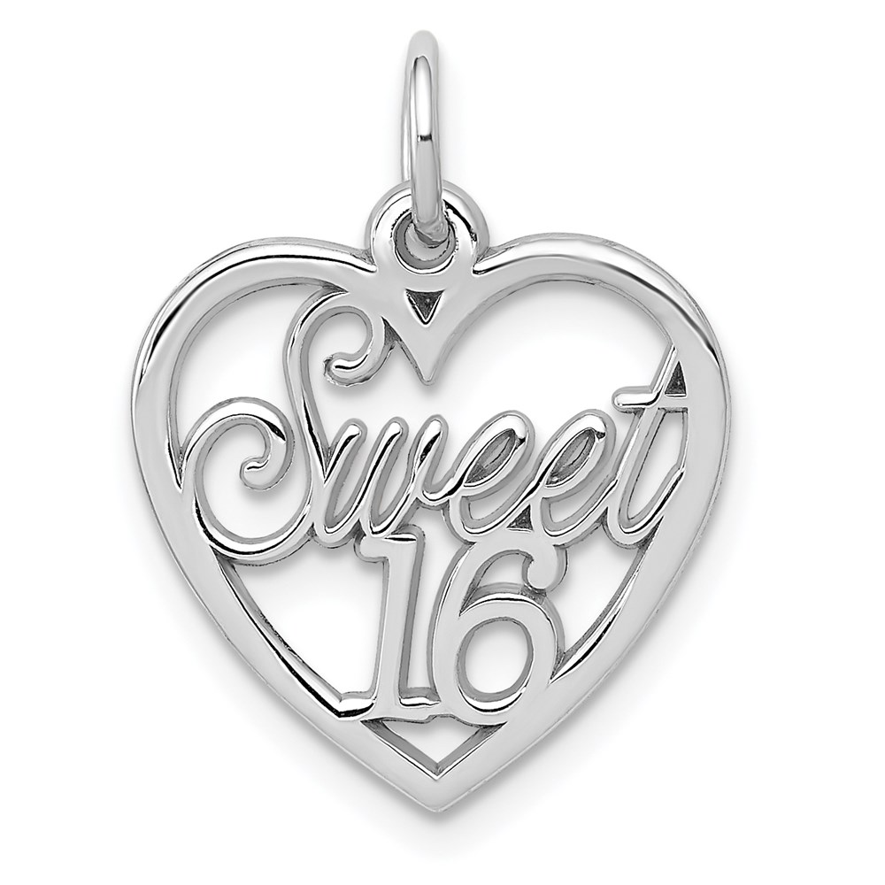 14k White Gold Sweet 16 Heart Charm or Pendant, 16mm