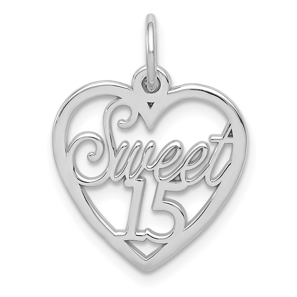 14k White Gold Sweet 15 Heart Charm or Pendant, 16mm