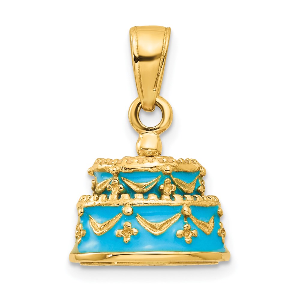 14k Yellow Gold Light Blue Enameled Happy Birthday Cake Pendant, 12mm