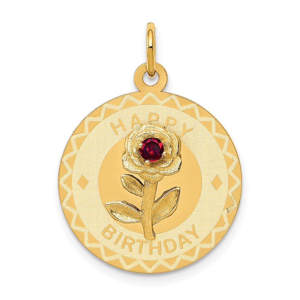 14k Yellow Gold Happy Birthday Disc Charm or Pendant w CZ Flower, 19mm