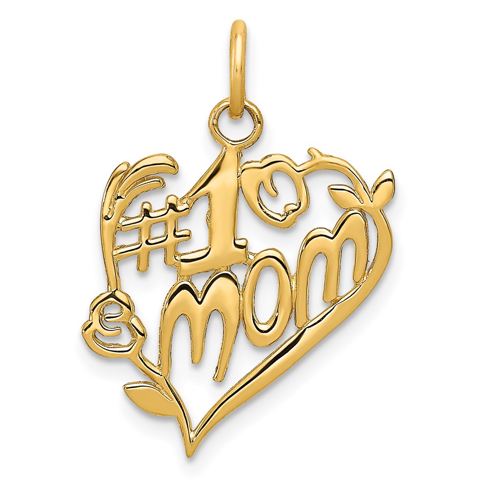 14k Yellow Gold #1 Mom Heart Charm or Pendant, 16mm